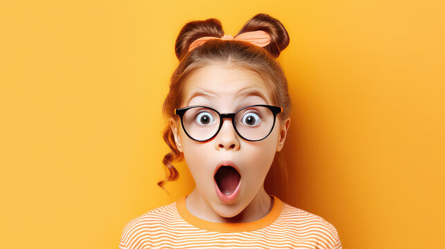 Cute little girl surprised face looking at camera wearing glasses