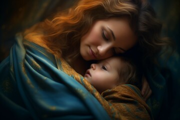 Fototapeta premium Mom and child (baby) against the backdrop of nature. Maternal tenderness and love. Close-up. Generative AI