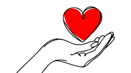 Continuous one line drawing hand holding red heart. Charity donation linear concept. Vector isolated on white background.