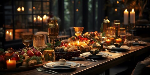 Elegant Christmas table setting with candles. Panorama. Selective focus.