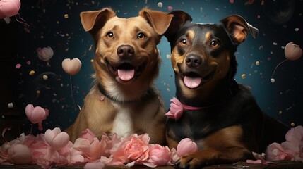 cute dogs couple smiling in front of roses and pink hearts. - obrazy, fototapety, plakaty