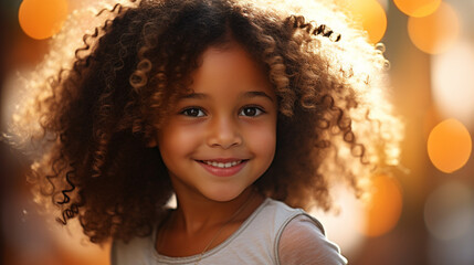 Close-up portrait, African American girl, rich detail, innocent piercing eyes, charming smile, curly hair, depth-of-field, soft natural lighting, vivid color tone, joy, innocence