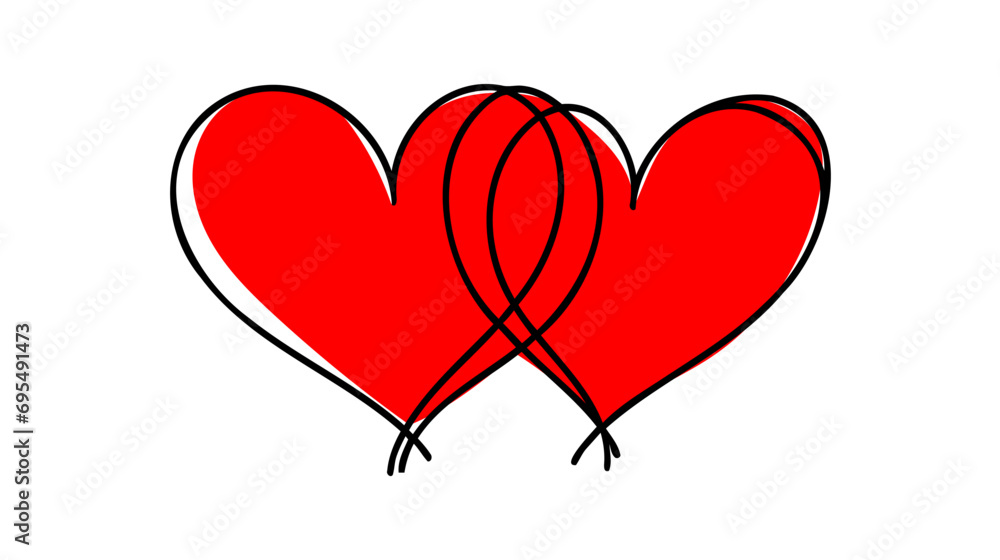 Poster one continuous line drawing of two red hearts with love signs. thin curls and romantic symbols in si