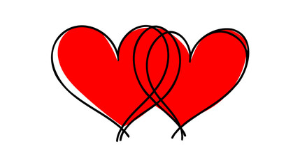 One Continuous line drawing of two red hearts with love signs. Thin curls and romantic symbols in simple linear style.