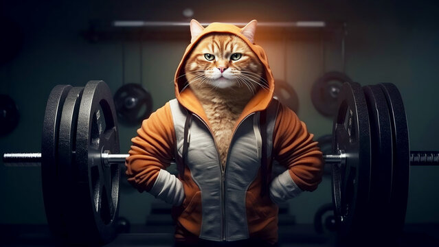 Red serious cat in sportswear against the background of barbell. Bodybuilding training concept, professional fitness trainer, sports mentor.