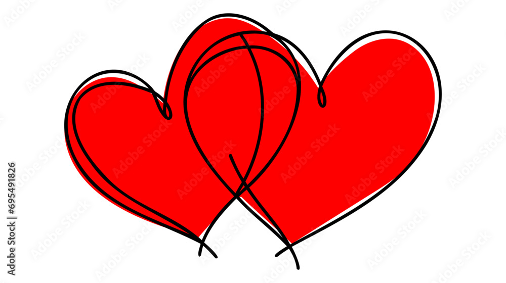 Poster one continuous line drawing of two red hearts with love signs. thin curls and romantic symbols in si