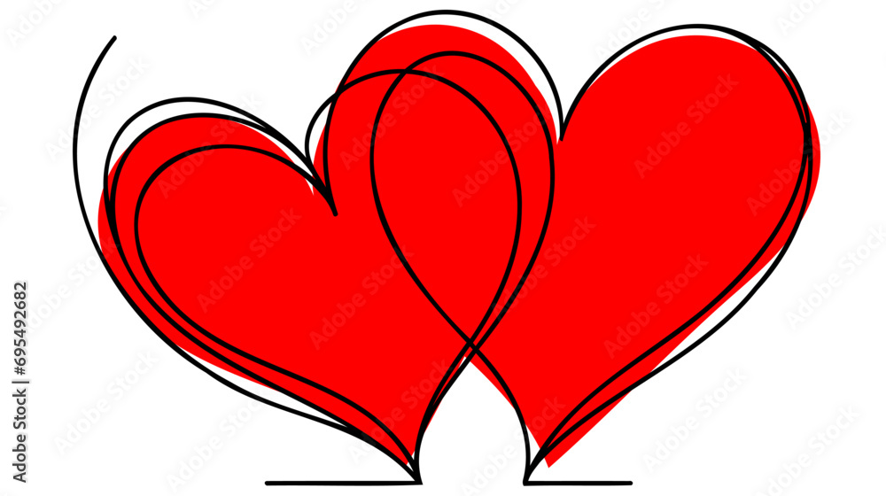 Poster one continuous line drawing of two red hearts with love signs. thin curls and romantic symbols in si
