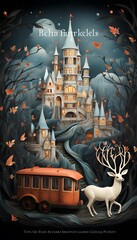 Illustration of a fairy tale castle with a deer and a tram