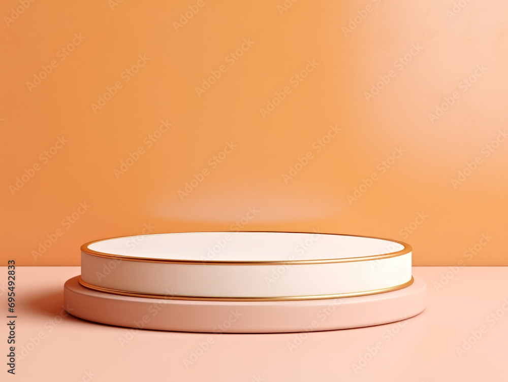 Poster a stack of three plates sitting on top of a table. monochrome peach fuzz background.