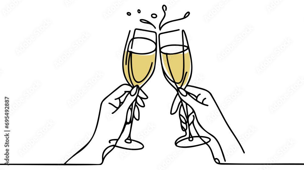 Poster continuous line champagne cheers one line art, continuous drawing contour. hands toasting with wine 