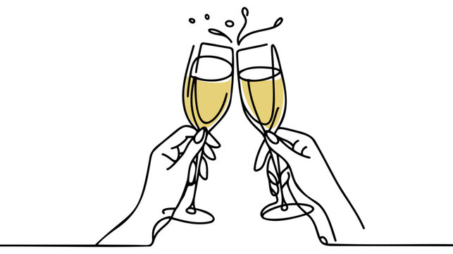 recommend clip art: Continuous line champagne cheers one line art, continuous drawing contour. Hands toasting with wine glasses with drinks. Cheers toast festive decoration for holidays. Vector illustration