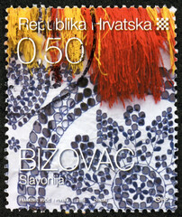 Postage stamp Croatia 2008 folk costume from Bizovac, detail, Croatian Ethnographic Heritage