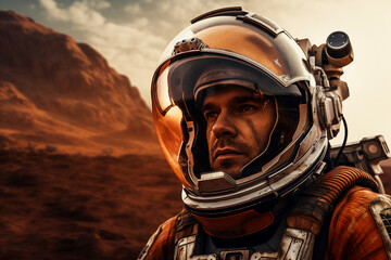 Obraz na płótnie Canvas Astronaut wearing space suit walking on a surface of a red planet mars generative AI picture