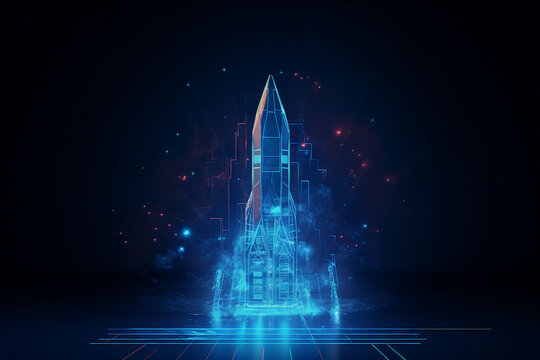 AI generated image of dynamic digital spaceship soaring into the cosmos