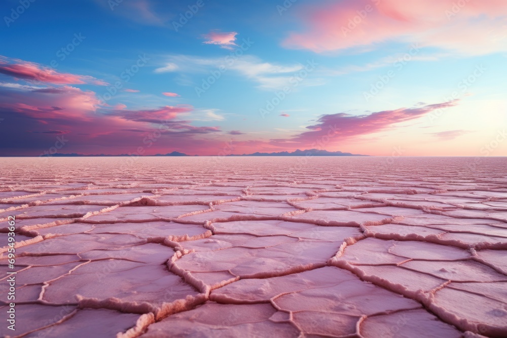 Poster a view of a vast expanse of water with a pink sky in the background and a few clouds in the sky with