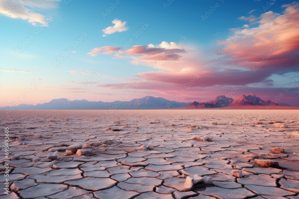 Poster a view of a desert landscape with mountains in the distance and a pink sky with clouds in the foregr