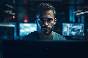 Generative AI portrait of cyberpunk system administrator programmer hacker person