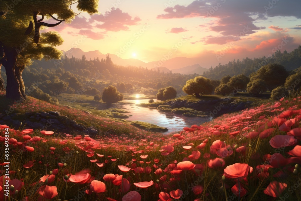Poster a painting of a field of flowers with a river in the middle of the field and a sunset in the middle 