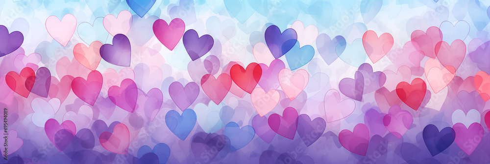 Wall mural pastel hearts pattern background banner. valentine's day. panoramic web header with copy space. wide