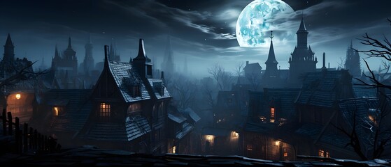 Panoramic view of old european city at night with moon