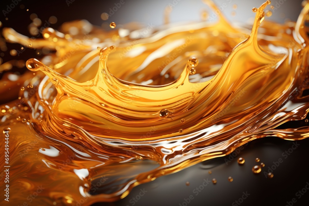Poster a close up of a yellow liquid splashing on top of a black surface with drops of water on the bottom 