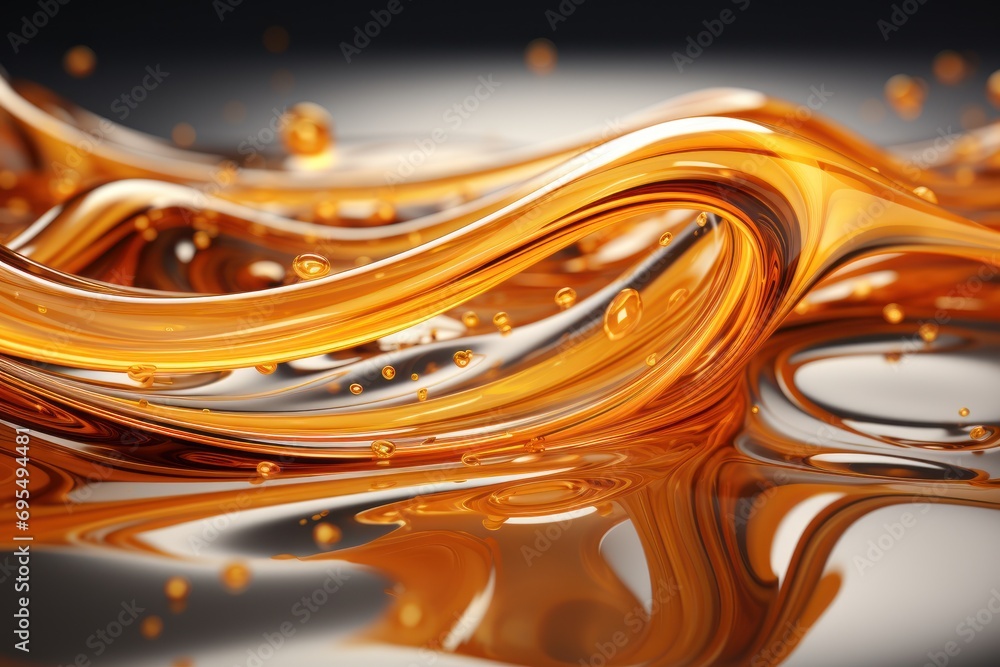Poster a close up of an orange liquid on a black and white background with a reflection of a wave of orange