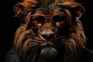 a close up of a dog with a pair of glasses on it's face and a jacket on it's back, with a black background and a black background.