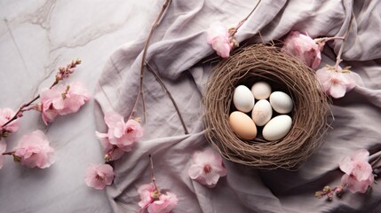 Fototapeta na wymiar A nest filled with eggs sitting on top of a table. Easter background, monochromatic beige and pink color shades