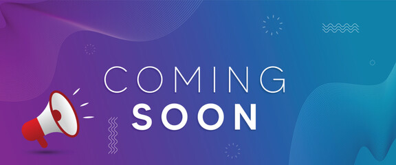 coming soon Promotion banner with megaphone neon glowing light vector poster