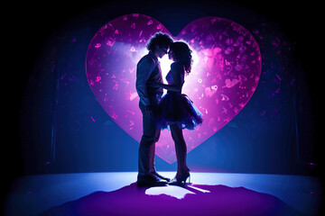 A man and a woman standing in front of a heart shape on disco dancing. Neon lights.