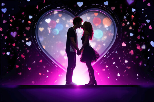 A man and a woman standing in front of a heart shape on disco dancing. Neon lights.
