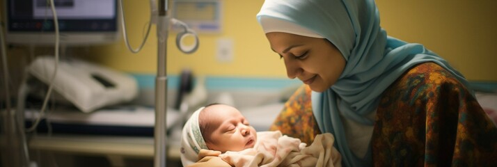Banner. A young Muslim woman holding a newborn baby in her arms in a hospital room. Happy motherhood and love. Generative AI - obrazy, fototapety, plakaty