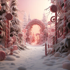 Candy cane snow forest, christmas.