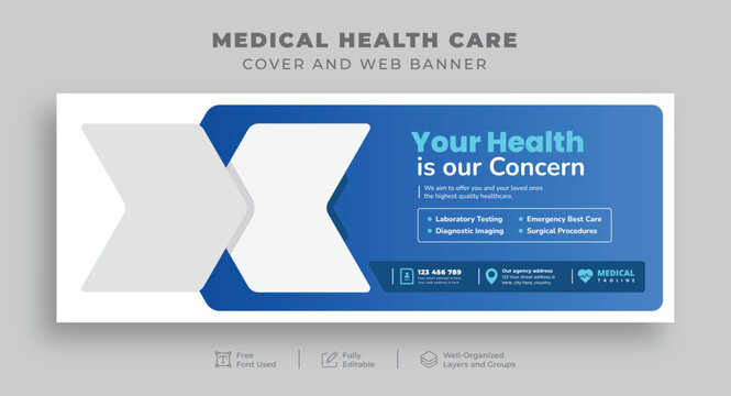 Medical Health Care Facebook Cover For Hospital Clinic Dental Doctor And Pharmacy, Editable Horizontal Social Media Posts Ads For Medical Care, Advertisement Promotional  Website Cover Banner Template