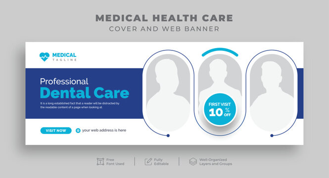 Medical Health Care Facebook cover for Hospital Clinic Dental Doctor and Pharmacy, Editable horizontal Social media posts ads for Medical Care, advertisement promotional  website cover banner template