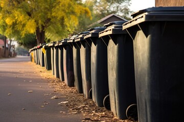 Row of green rubbish bins on the street. Row of Wheelie Bins. - obrazy, fototapety, plakaty