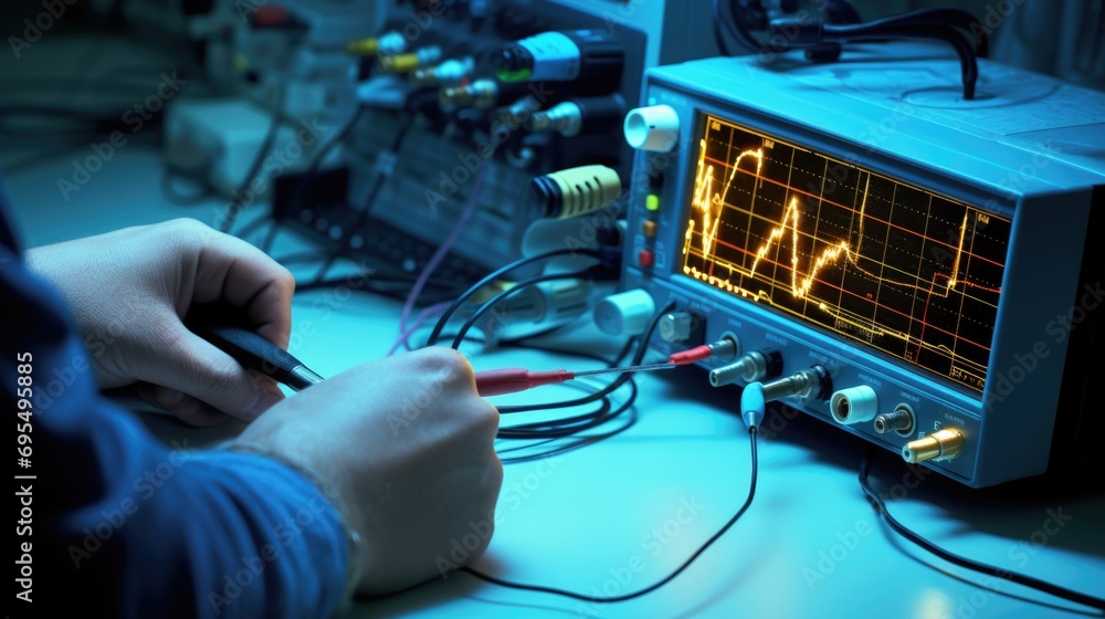 Poster close-up on worker's hands working on an electronic device. engineer testing a faulty electronic chi