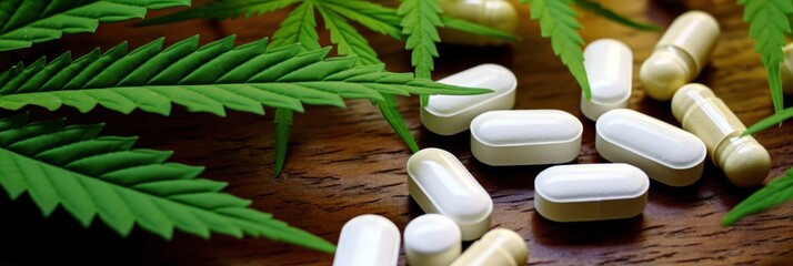 Cannabis Medicine Pairing: CBD Pills Nestled Near Leafy Green