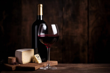 Red wine in vintage light with cheese. cheese and wine. dark background
