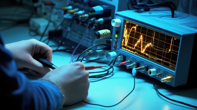 Close-up on worker's hands working on an electronic device. Engineer testing a faulty electronic chip with oscilloscope.