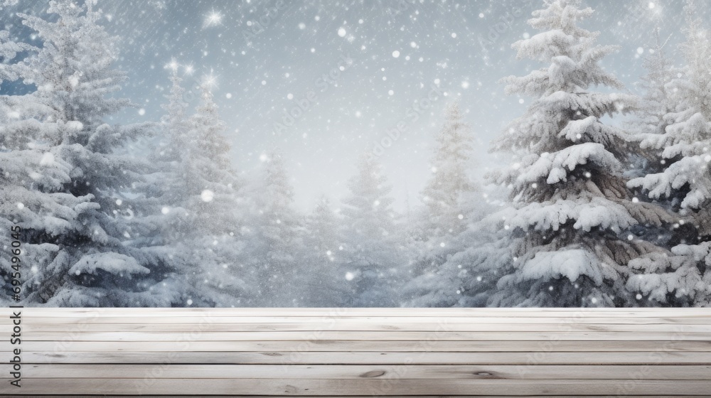 Poster a wooden table in front of a snowy forest. winter background with copy space.