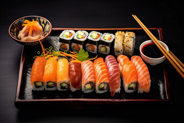 Sushi Set nigiri and sushi rolls. japanese sushi food. Maki ands rolls with tuna. salmon. shrimp - Powered by Adobe