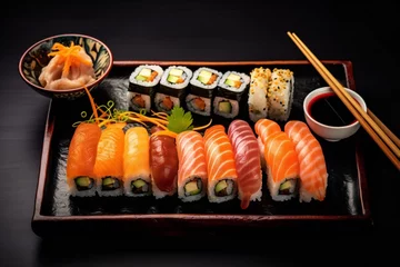 Fototapeten Sushi Set nigiri and sushi rolls. japanese sushi food. Maki ands rolls with tuna. salmon. shrimp © kilimanjaro 