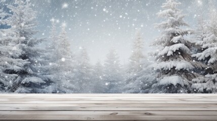 A wooden table in front of a snowy forest. Winter background with copy space.