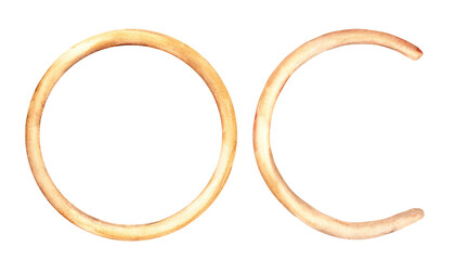 Wooden ring and semi-ring, hoop for wreath or frame, border design. Watercolor hand drawn...