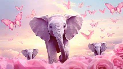 Foto op Aluminium Pink elephant with butterflies flying in the sky © Natalia