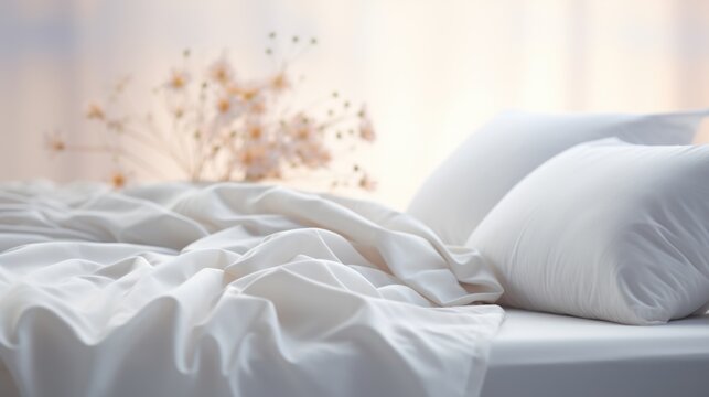 A bed with white sheets and pillows on it. Comfortable bed for good quality sleep.