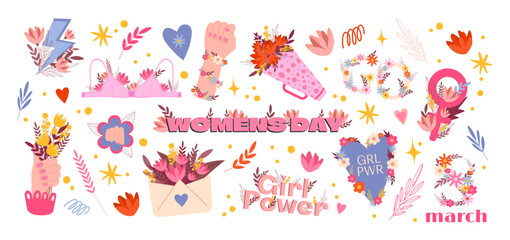 Set cartoon feminist stickers for March 8, International Women's Day. Stickers for the spring holiday, a bouquet of flowers, lipstick, girls power. Vector set - obrazy, fototapety, plakaty