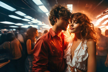 Young couple kissing in front of a crowd of people in disco club. Neon light on background. Valentine's day party. - obrazy, fototapety, plakaty