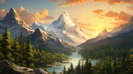 Majestic mountains bathed in the golden light of a summer sunset, creating a stunning and realistic...